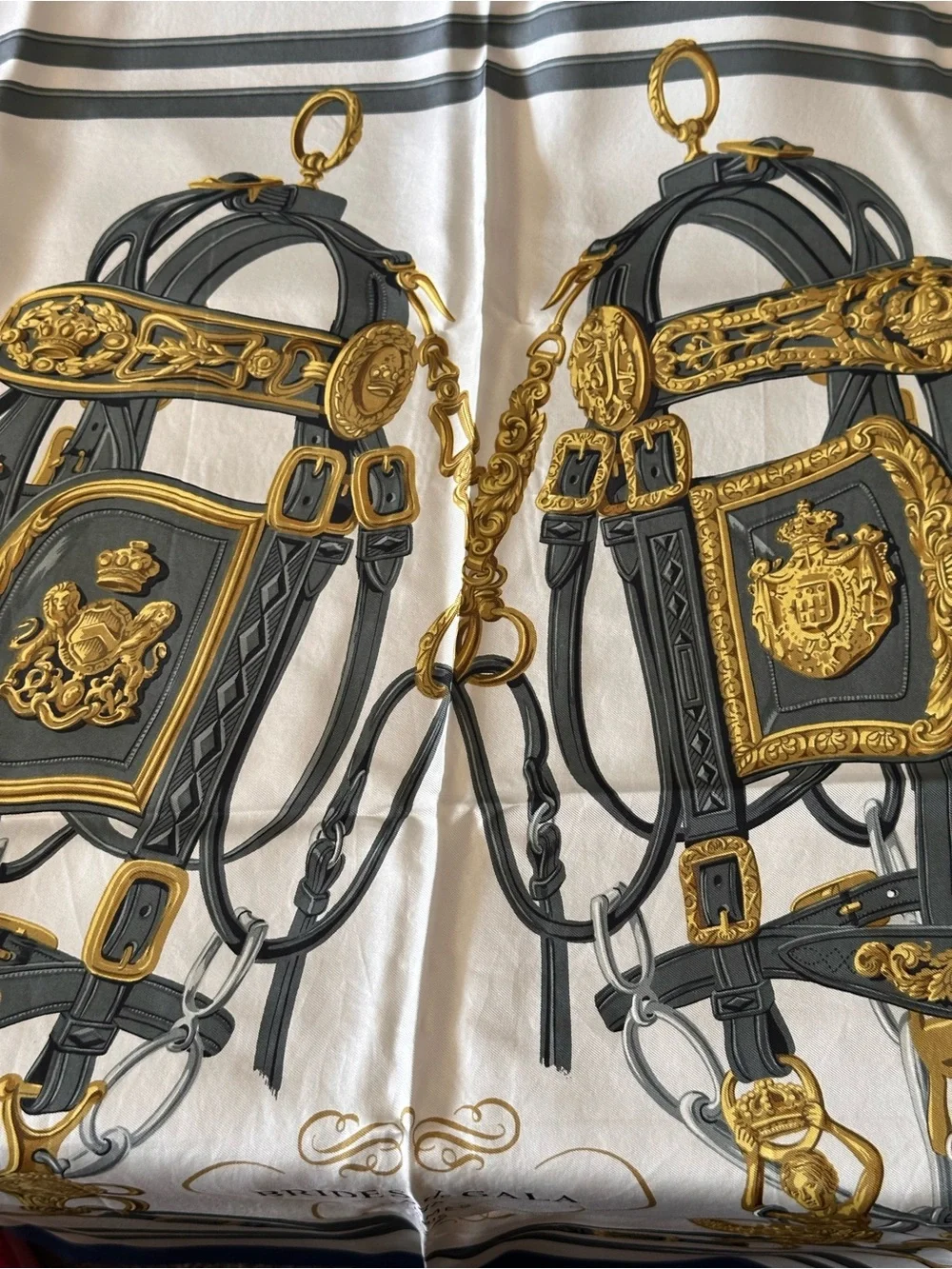 Hermès Brides de Gala Silk Carré 90 Scarf – Bleu/Gris/Or – Box Included -